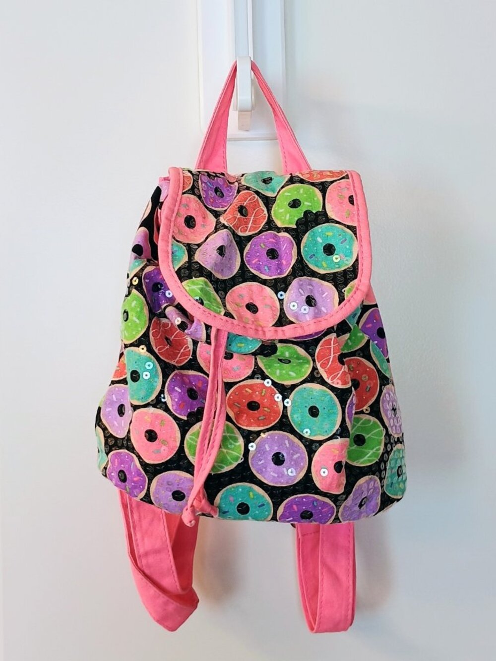 Donut Print Mini Backpack Pink Drawstring Backpack Sequin Accent Small Book Bag